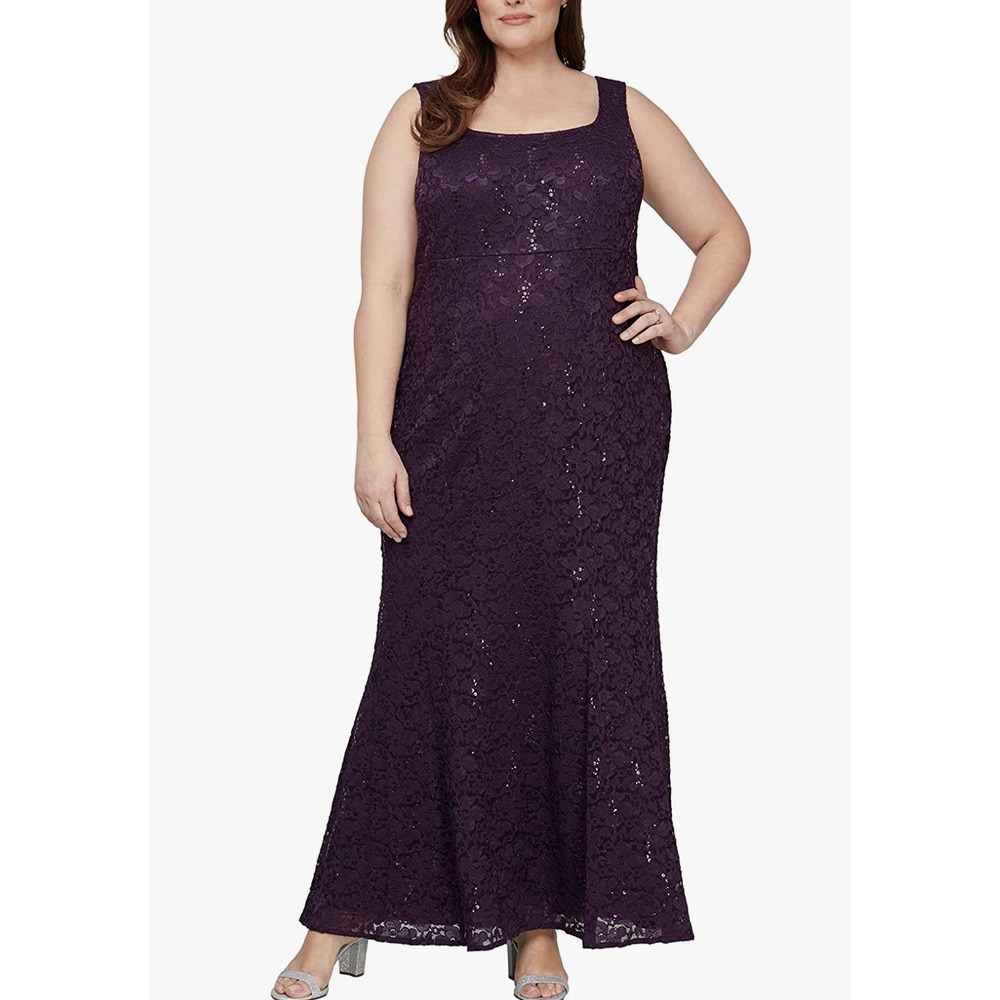 S.L. Fashions Women's Long Sequin Lace Fit and Flare Dress - Picture 3 of 10